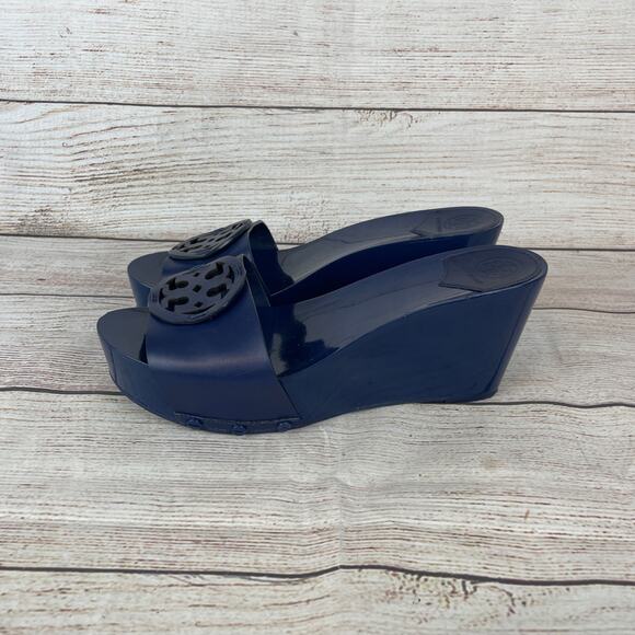 Tory Burch Miller Womens Sz 9.5M Platform Slides Wedges Navy Blue - Picture 6 of 9